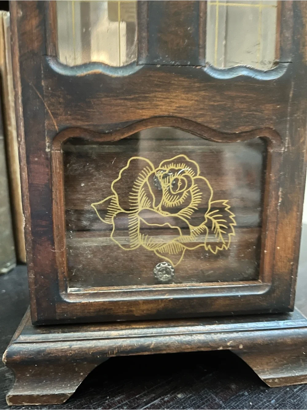 Vintage Wooden Jewelry Cabinet with Floral Inlay - Dark Brown
